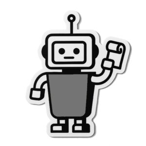 Black vector line art that shows a robot holding a piece of paper