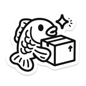 Vector line art image of a fish holding a box
