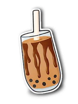 Line drawn vector image of a cup with Club Boba Baked Cookie flavour milk tea boba and a bubble tea straw. The glass has Choc Chip flavour syrup dripping inside the glass.