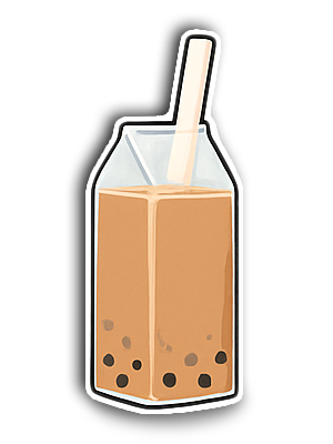 Line drawn vector image of a milk carton shaped glass with Club Boba Classic Milk Tea flavour boba and a bubble tea straw