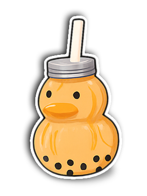Line drawn vector image of a duck shaped cup with Club Boba Taiyaki Custard flavour bubble tea milk and a boba straw