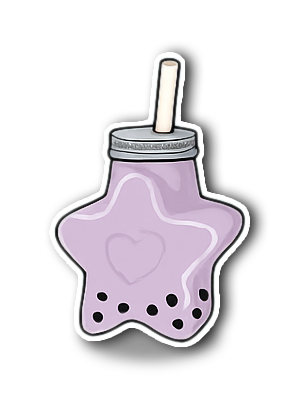 Line drawn vector image of a star shaped cup with Club Boba Taro Mochi flavour milk tea boba and a bubble tea straw