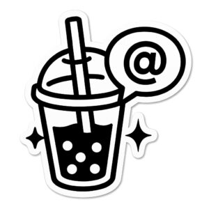 Black vector line art of a bubble tea cup with a speech bubble that has an email symbol