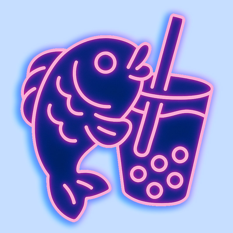 Line drawn vector image of a taiyaki fish pastry holding a cup of bubble tea.